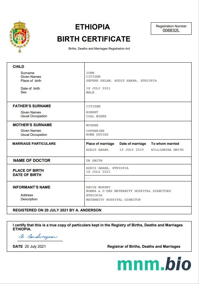 Ethiopia rekord życiowy narodziny certyfikat Word i PDF szablon